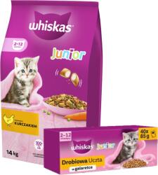 Whiskas WHISKAS Száraz macskaeledel cica junior csirkével 14 kg + WHISKAS Junior Poultry Feast in Jelly - nedves macskaeledel - 40x85 g