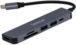 Spacer Docking station Spacer 6 in 1, conectare Type-C, USB 3.0 x 2, PD 3.0 x 1 (87W), HDMI x 1, 4K (30Hz), SD card x 1, TF (MicroSD card) x 1, aluminiu (Gri) (SPDS-TYPEC-HUPS6)