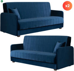 Mebel Elite 2 db-os szett, ágyazható kanapé sötétkék színben, velúr kárpittal PORTO