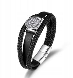  Férfi bőr karkötő fekete iránytű acél 316L ajándék 21cm (BIG-009-04)