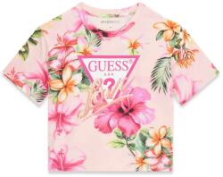 GUESS Къса тениска за момиче в розово с цветя и лого Guess Love