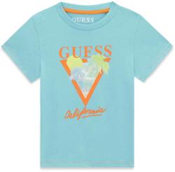 GUESS Синьо-зелена тениска за мини момче с оранжев надпис Guess и палми