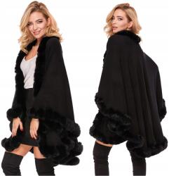 DEMUR Poncsó Poncho hosszú ágytakaró kötött boleró szőrme fekete