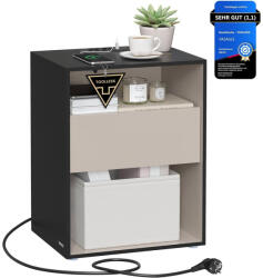 VASAGLE éjjeliszekrény, töltőfunkciós lerakóasztal, tintafekete-kapucsínó bézs