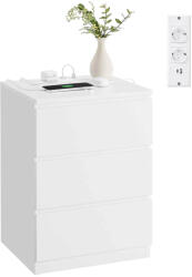 VASAGLE Éjjeliszekrény, oldalasztal 3 fiókkal, 2 ac aljzattal és 2 usb porttal, fehér