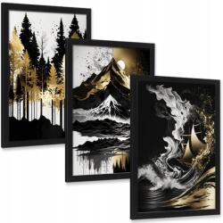 BELATONI Arany festmények Erdő Hegyek Tenger három darabos szett fali keretben 40x30 cm (Złoto)