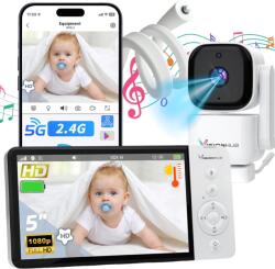  2 az 1-ben WiFi-s babaőr telefon/tablet alkalmazással, audio-video babakamera, VisionHub®, 5 hüvelykes UltraHD 1080P képernyő, VOX, éjjellátó, kétirányú intercom, 350°/90°-os forgatás, zoom,