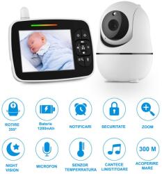  VisionHub Felügyeleti rendszer video-audio kamerával babafigyeléshez, 3, 5 hüvelykes HD képernyővel, hőmérséklet-figyelés, forgatás, vezeték nélküli kapcsolat, altatódalok, interakció a babáva