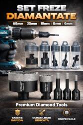  6 db gyémántos fúrószár szett, acél, 6/8/10/12/35/68 mm átmérővel, M14-es menettel, fúróvezetővel, csempéhez, kőhöz, gránithoz, kerámiahoz, fekete