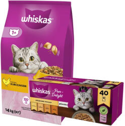 Whiskas WHISKAS 1+ száraz macskaeledel csirkével 14 kg + WHISKAS Adult tasakok 40 x 85 g Baromfi finomságok