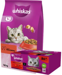 Whiskas WHISKAS 1+ száraz macskaeledel marhahússal 14 kg + WHISKAS Adult tasakok 80 x 85 g Classic Meals