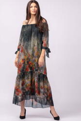SHOPIKA Rochie lunga din matase si vascoza, cu imprimeu pictural floral pe fond negru Talie unica