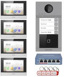 Hikvision KIT videointerfon Smart pentru patru familii, Rj45 + Wi-Fi 2.4Ghz, Switch PoE, Card, Tag, monitor 7 inch negru, - HIKVISION DS-KIS604-4-B (DS-KIS604-4-B)