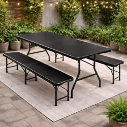 Brius Set masa cu 2 banci pliabile tip valiza pentru gradina, camping sau evenimente, 180x70x74cm, negru (GO-O9BL+2xGO-O9BL)