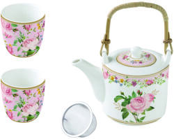 Easy Life Design Porcelán teáskanna 2 porcelán pohárral Chant des Roses