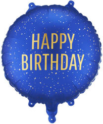  Happy Birthday fólia lufi kék-arany dekoráció, 35x35 cm (FB353-074)