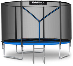 Neo-Sport Kerti trambulin, Neo-Sport, fekete/kék, átmérő: 252 cm, kerek, magasság: 55 cm, 180 cm külső védőháló, létra, acél váz, 3 dupla láb, 100 kg teherbírás, 42 db rugó, fekete oszlopok (TENS-08Z221)