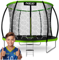 Neo-Sport Kerti trambulin, Neo-Sport, fekete/zöld, átmérő: 312 cm, kerek, magasság: 65 cm, 180 cm belső védőháló, létra, acél váz, 3 dupla láb, 150 kg teherbírás, 54 db rugó, íves oszlopok (TENS-10C221)