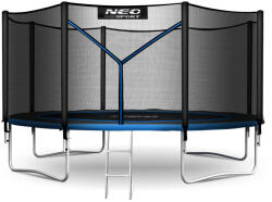 Neo-Sport Kerti trambulin, Neo-Sport, fekete/kék, átmérő: 404 cm, kerek, magasság: 80 cm, 180 cm külső védőháló, létra, acél váz, 4 dupla láb, 150 kg teherbírás, 72 db rugó, fekete oszlopok (TENS-13Z221)