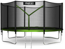 Neo-Sport Kerti trambulin, Neo-Sport, fekete/zöld, átmérő: 374 cm, kerek, magasság: 80 cm, 180 cm külső védőháló, létra, acél váz, 4 dupla láb, 150 kg teherbírás, 64 db rugó (TENS-12Z231)