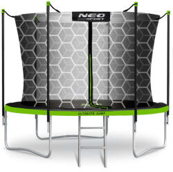 Neo-Sport Kerti trambulin, Neo-Sport, fekete/zöld, átmérő: 183 cm, kerek, magasság: 45 cm, 150 cm belső védőháló, létra, acél váz, 3 dupla láb, 50 kg teherbírás, 36 db rugó, fekete oszlopok (TENS-06W231)