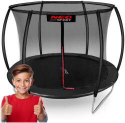 Neo-Sport Kerti trambulin, Neo-Sport, fekete, átmérő: 312 cm, kerek, magasság: 65 cm, 180 cm belső védőháló, létra, acél váz, 3 dupla láb, 150 kg teherbírás, 54 db rugó, íves oszlopok (TENS-10C231)