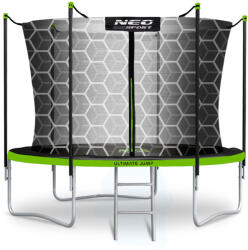 Neo-Sport Kerti trambulin, Neo-Sport, fekete/zöld, átmérő: 312 cm, kerek, magasság: 65 cm, 180 cm belső védőháló, létra, acél váz, 3 dupla láb, 150 kg teherbírás, 54 db rugó, fekete oszlopok (TENS-10W231)