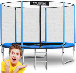 Neo-Sport Kerti trambulin, Neo-Sport, fekete/kék, átmérő: 183 cm, kerek, magasság: 45 cm, 150 cm külső védőháló, létra, acél váz, 3 dupla láb, 50 kg teherbírás, 36 db rugó, kék oszlopok (TENS-06Z181)