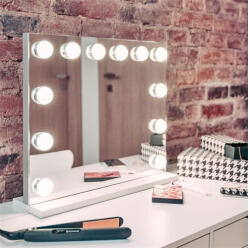 Humanas HM02 maxi álló sminktükör, 55x45 cm, 12 LED, integrált érintő gombok 3 színhőmérséklet, szabályozható fény fehér (HUHS2857 WHITE) - wincity