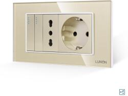 Luxion Intrerupator Dublu Cap Scara + Priza Ingusta + Priza Schuko cu Rama din Sticla LUXION, Standard Italian, 4M - culoare auriu