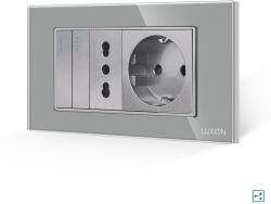 Luxion Intrerupator Dublu Cap Scara + Priza Ingusta + Priza Schuko cu Rama din Sticla LUXION, Standard Italian, 4M - culoare gri