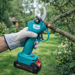  Akkus kerti metszőolló, elektromos ágnyíró, 2 akkumulátor, SK-5 acélpengés, vezeték nélküli, ergonomikus fogantyú, biztonsági zár