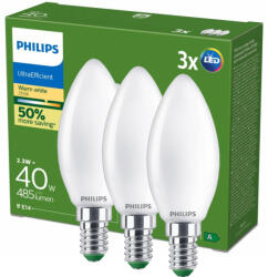 Philips 3x LED izzó E14 gyertya B35 2.3W = 40W 485lm 210lm/W 2700K Meleg 300° A osztályú UltraEfficient Philips (8721103134875)