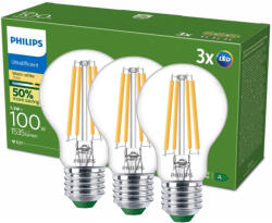 Philips 3x LED izzó E27 A60 7.3W = 100W 1535lm 210lm/W 2700K Meleg 300° A OSZTÁLYÚ UltraEfficient Philips (8721103134837)