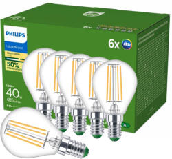 Philips 6x LED izzó E14 gömb P45 2.3W = 40W 485lm 210lm/W 2700K Meleg 300° A OSZTÁLYÚ UltraEfficient Philips (8721103134851)