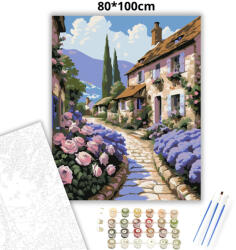  Rózsás falusi utca - számfestő készlet - 80×100 cm (Keretre feszítve)