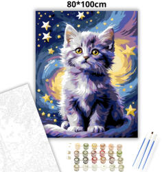  Bolyhos kiscica a csillagok alatt - számfestő készlet - 80×100 cm (Keret nélkül)