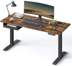 SONGMICS Állítható magasságú elektromos íróasztal konnektorral és fiókkal, 140 x 60 cm barna-fekete