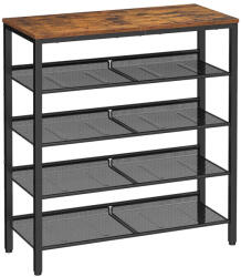 VASAGLE Cipőtartó, cipőspolc állítható hálós polccal, 75x28x93 cm, rusztikus barna/ fekete