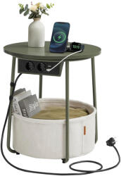VASAGLE Kerek dohányzóasztal usb töltő porttal, kis asztal aljzattal, erdőzöld és krémfehér