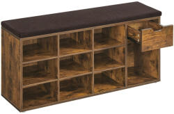 VASAGLE Cipőpad, cipőtartó fiókkal és nyitott rekeszekkel, párnázott ülés, rusztikus barna