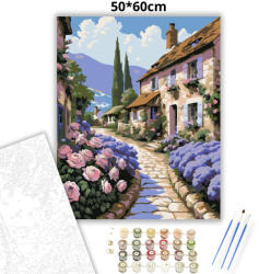  Rózsás falusi utca - számfestő készlet - 50×60 cm (Keretre feszítve)
