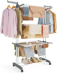 SONGMICS Összecsukható 4 szintes ruhaszárító állvány, mozgatható, 64 x 126 x 172 cm, rozsdamentes acél, lehajtható szárnyakkal, fehér Ruhaszárító