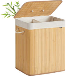 SONGMICS Szennyeskosár fedéllel, 2 rekeszes, 120 literes, bambusz szennyestartó, natúr