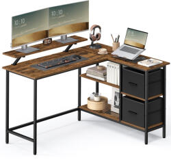 VASAGLE L-alakú íróasztal 2 tágas fiókkal, állítható tárolópolccal, 105x135x89, 5 cm, rusztikus barna