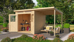 Karibu Glücksburg 4. fa kerti tároló, fészer, modern tetővel és bővítménnyel/terasszal, modern dizájnnal, terra szürke színű fából 426 cm x 217 cm