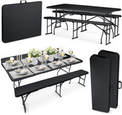 Plonos Sörpad szett, Plonos, fekete, 180 cm, acél keret, HDPE műanyag felület, összecsukható, 3 db, asztal és 2 pad (TE440301)