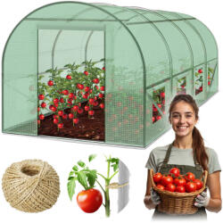 Plonos Fóliasátor vázzal, Plonos 4915-B, zöld, 200 x 450 x 200 cm, bejárható, 9 m2, UV4 védelem, 140 g/m2 PE fólia, 8 ablak, szúnyoghálóval, fém váz, cipzáras bejárat (TE4915-B)