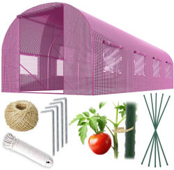Plonos Fóliasátor vázzal, Plonos 4979-B, rózsaszín, 200 x 450 x 200 cm, bejárható, 9 m2, UV4 védelem, 140 g/m2 PE fólia, 8 ablak, szúnyoghálóval, fém váz, cipzáras bejárat (TE4979-B)