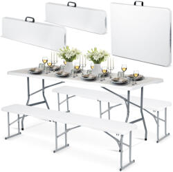 Plonos Sörpad szett, Plonos, fehér, 180 cm, acél keret, HDPE műanyag felület, összecsukható, 3 db, asztal és 2 pad (TE440300)